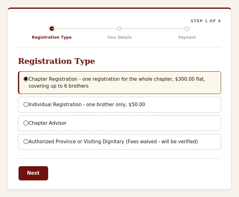 Chapter Registration, step 1